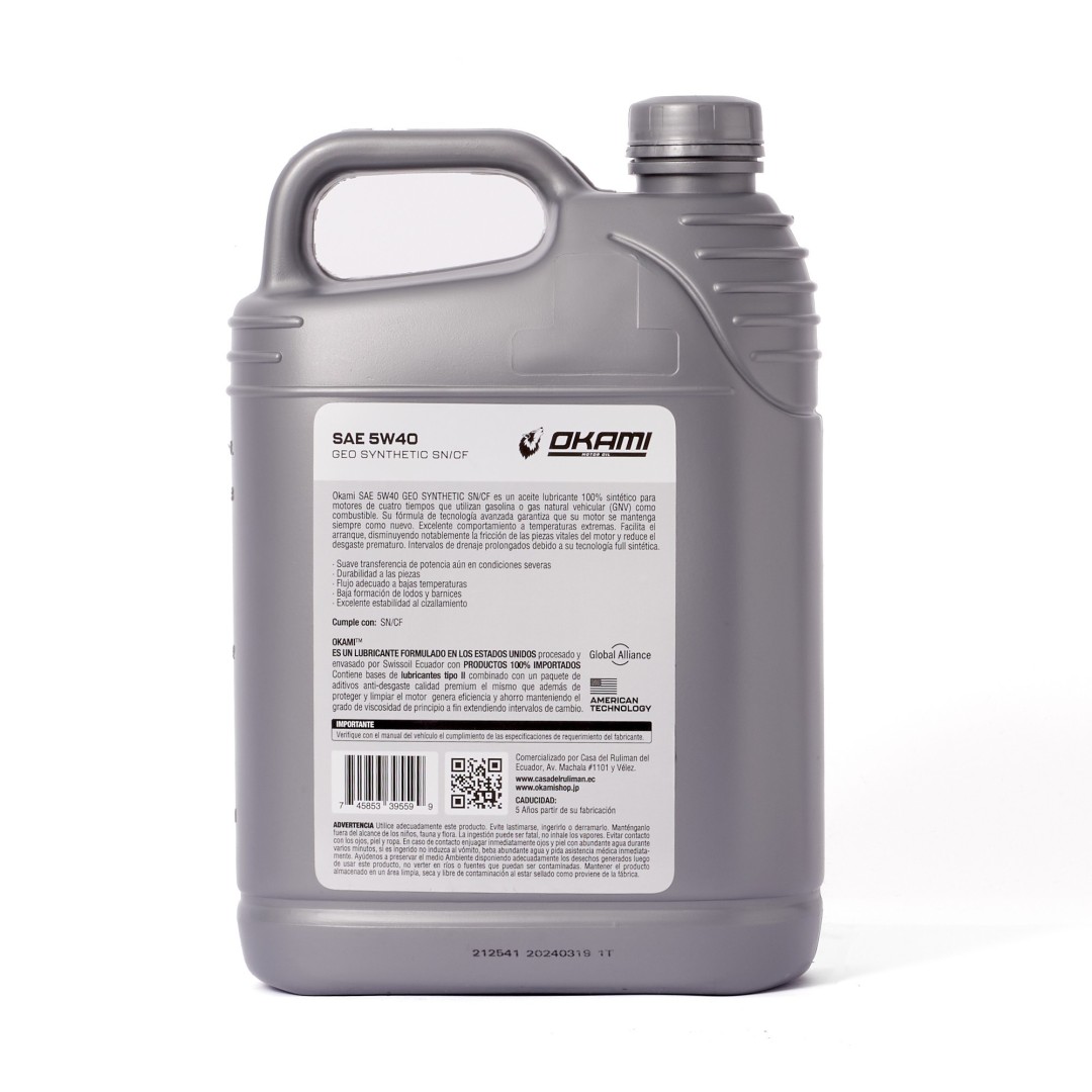 MOTORES GASOLINA ACEITE SAE 5W40 FULL SYNTETHIC SN/CF  1GL